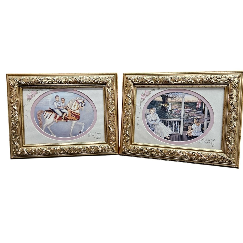 VTG Ann Taylor 1998 Gold Framed Prints Americana Painted Pony Yellow Ribbon Art